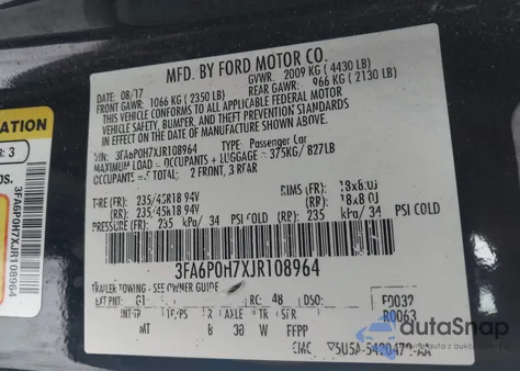 2018 Ford Fusion Se z USA, uszkodzony, nr VIN 3FA6P0H7XJR108964